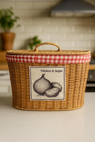 Rattan Patates Soğan Sepeti Pötikare Kumaşlı, Bölmeli, Dekoratif Ve Düzenleyici Kapaklı Sebzelik Kahverengi