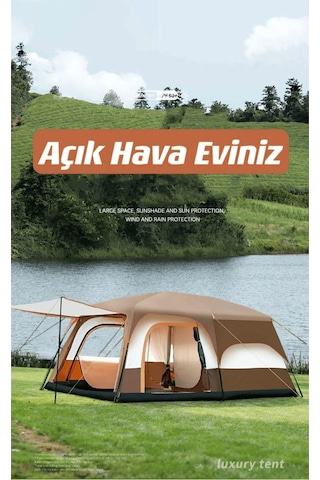 Büyük Uzay Kamp Çadırları 8-10 Kişi Çift Kat 1 Oda 1 Oturma Odası Kamp Çadırı 380 260 200 Cm Kahverengi