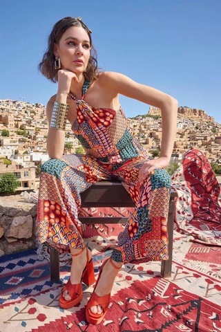 Angbutik Etnik Desenli Saten Tulum Renkli Geometrik