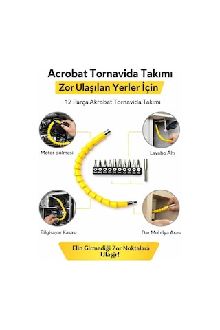 Matkap Ucu Akrobat 12 Parça Bit Seti Esnek Mil, Kalıcı Mıknatıs, 10 Adet Bit, Krom Vanadyum, Akülü Vidalama Makineleri İçin