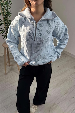 Explode - Kadın Mavi Fermuarlı Yaka Oversize Örgülü Triko Kazak Mavi