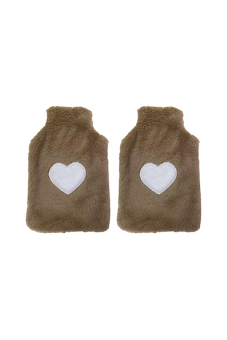 2 Adet Sıcak Su Torbası Peluş Kalpli,bej Termofor 27x17cm 1 Litre Bej