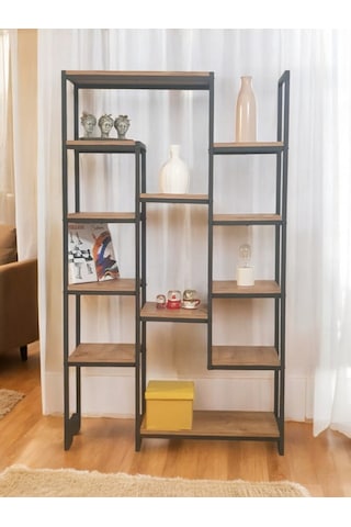 Çam Rengi Ahşap Raflı Metal Kitaplık 12 Raflı Ünite