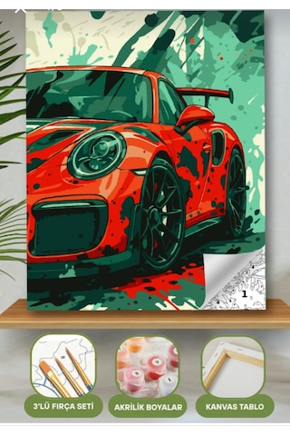 Denic Sayılarla Boyama Seti 40x50 Cm (Çıtalı) Fırça Boya Dahil Numaralı Tuval Kırmızı Araba