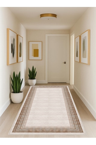 Krem Dijital Baskı Salon Halısı Kaymaz Tabanlı Yıkanabilir Halı Yolluk 527 Krem