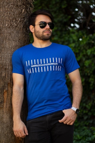 Erkek Mavi Çizgi Baskılı Normal Kesim Bisiklet Yaka Erkek Tişört 22etshmros 001