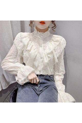Moda Fırfır Vintage Bluz Kadınlar Zarif Uzun Kollu Dantel Gömlek Gevşek Şifon Gömlek Standı Yaka Pilili Blusas Tops 15832 Kayısı Açık Bej