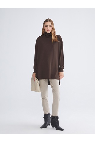 Lcw Everyday Kahverengi Balıkçı Yaka Oversize Kadın Tunik