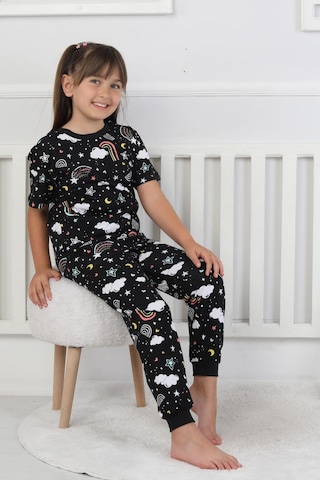%100 Pamuk Gökkuşağı Desenli Kısa Kollu Manşetli Paça Kız Çocuk Pijama Takımı 3-8 Yaş Siyah