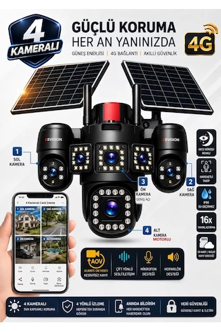 Esvision 7021 4 Kameralı 4g Çift Solar Panel 16x Zoom Dual Batarya Hieasy Aov Sürekli Kayıt Gece Görüş Çift Yönlü Ses Sim Kart