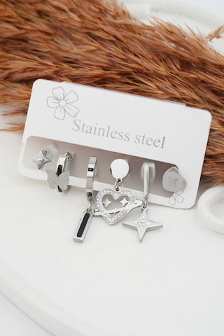 Kadın Kararmaz 6'Lı Kuzey Yıldızı ve Kalp Detaylı Çelik Set Küpe Gümüş-M