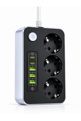 Akım Korumalı 3'lü Priz 2200w 1050j 10a Termal Korumalı 3 Usb 2 Type-c Şarj Girişli 0 - 2 M
