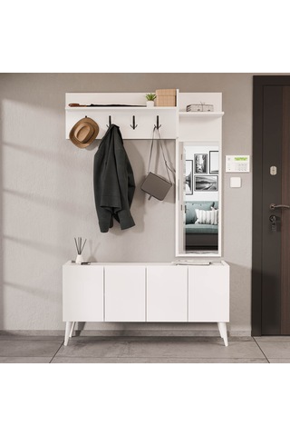 5065 Theo 4 Kapaklı 6 Raflı 4 Askılı Sağ Aynalı Portmanto Beyaz