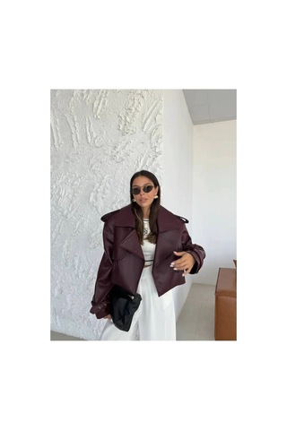 Candybia Kadın Premium Trend Luxury Bordo Suni Deri Tasarım Biker Ceket Bordo Bordo