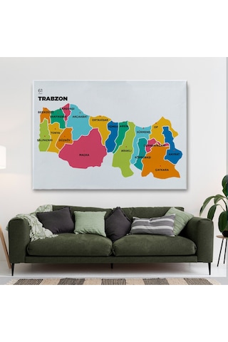 Trabzon İli Ve İlçeler Haritası Dekoratif Kanvas Tablo 1469 95 X 55
