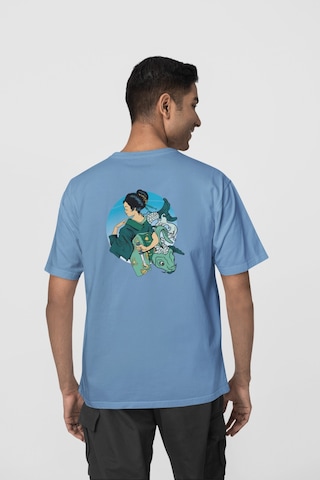 Geyşa Koi Ön-arka Baskılı %100 Pamuk Beyaz Kadın/erkek Unisex Rahat Kalıp Oversize T-shirt Mavi