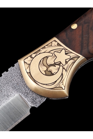 El Yapımı N690 Böhler Çelik Gravürlü Balçıklı Kilitli Yaylı Çakı Açık Kahverengi