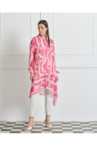 Serpil Exclusive Asimetrik Kesim Desenli Uzun Tunik Rahat Ve Şık Tasarım Pembe
