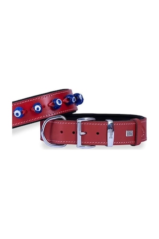 Doggie Comfort Deri Nazar Boncuklu Köpek Boyun Tasması Large Kırmızı 4x57-65 Cm Çok Renkli