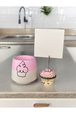 Cupcake Tutuculu Cupcake Çizimli Saksı Ofis Seti Pembe