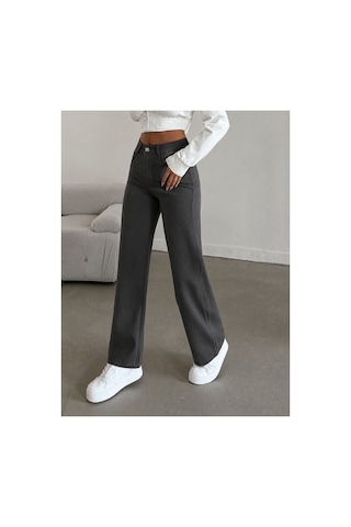 Kene Jeans Yüksek Bel Füme Keten Bol Paça Tam Kalıp Pantolon Füme