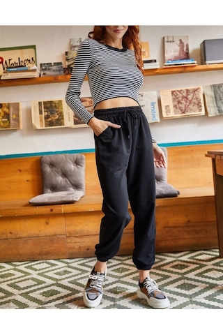 Unisex Siyah Cepli Beli Bağcıklı Basic Eşofman Altı Jogger Siyah