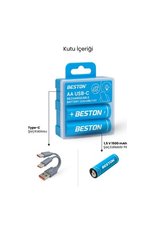 Beston Usb Type-c Kablo İle Şarj Edilebilir Lityum 2'li Kalem Pil 1.5v Aa / 2220 Mwh 500mah