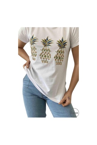 Cassime Kadın Büyük Ananas Pul Payet Işlemeli %100 Pamuk Kısa Kollu V-yaka Tişört Xl-2xl-3xl Beyaz