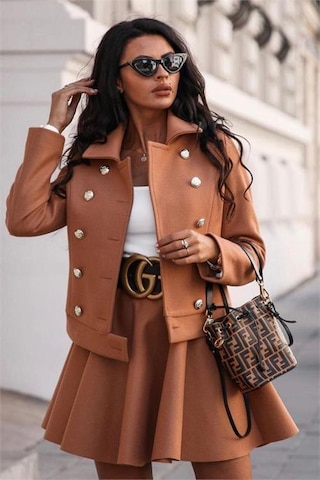 Dip Moda Kadın Skuba Süet Astarlı Etek Ceket İkili Takım Dpnbemp1156 Camel