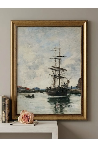 Gold Vintage 60x80 Çerçeveli Tablo - Klasik Marin Yelkenli Gemi Yağlı Boya Görünümlü 50x70cm Dokulu Baskı Deniz Temalı Lüks Duvar Sanatı