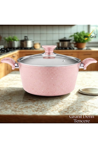 28 Cm Granit Derin Tencere Cam Kapak - Pembe Pembe