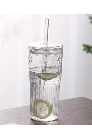Borosilikat Sunum Bardağı Kapaklı Pipetli Bardak Kahve Bardağı Isı Dayanıklı 600 ML Macchiato