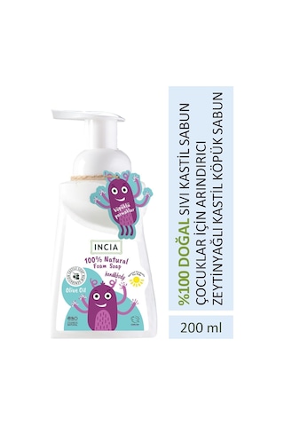 INCIA %100 Doğal Köpük Kastil Sabunu Çocuklar İçin Zeytinyağlı 10 Bitkisel Değerli Yağ Vegan 200 ml