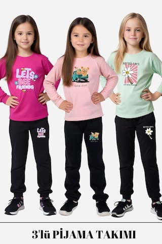 Fyk Kids 3'lü Kız Çocuk Baskılı Bel Detayı Lastikli Alt-üst Pijama Takımı Çok Renkli