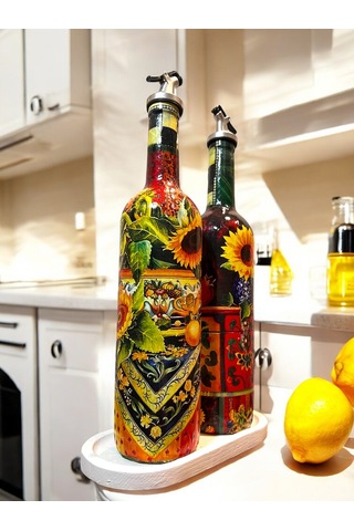 Akdeniz Mutfağı Ve Ayçiçeklerinden İlhamla Tasarlanan Cam Yağdanlık, Sirkelik Ve Sosluk Seti, Mutfak Kırmızı - Sarı