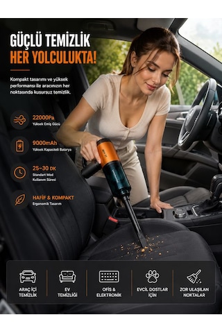 22000pa Güçlü Araç İçi Süpürge 9000mah Şarjlı 2 Hepa 1 Metal Filtreli Oto El Süpürgesi Siyah