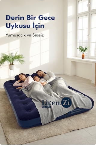 Livenzi Nature Çift Kişilik Şişme Yatak & Yastık + Manuel Şişirme Pompası 203 X 152 X 22 Cm Lacivert