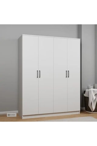 Kardelen Serisi 140 Cm Mat Beyaz 4 Kapılı 5 Raflı Elbise Dolabı Beyaz