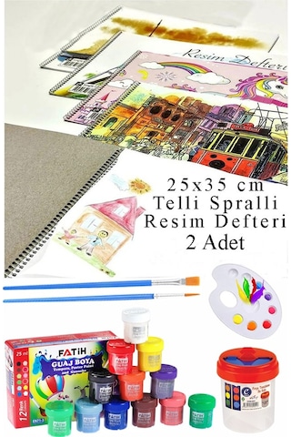 12 Renk Guaj Boya Fatih 25x35 Cm Telli Spralli Resim Defteri Palet Resim Fırçası 15 Yaprak Guajboya Resim Defteri Çok Renkli