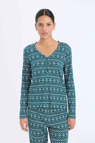 DeFacto Fall in Love Pijama Takımı Waffle Kumaş Uzun Kollu Üst Esnek Belli Uzun Alt D2284AX24WNGN1040 Yeşil