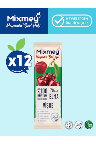 Mixmey Vişne Meyve Barı 12 Adet | Atıştırmalıklar – Vegan, Glutensiz, Koruyucusuz (20GR X 12 ADET)