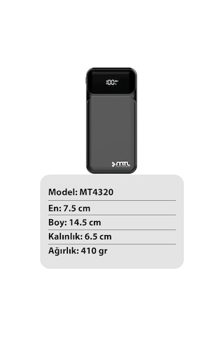 20000 Mah 22.5w Turbo Şarj Dahili Kablolu Dijital Led Göstergeli Pd Ve Qc 3.0 Powerbank Mt4320 Siyah