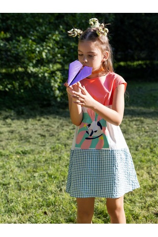 Sheshe Kısa Kollu Kareli Ve Çiçek Kız Çocuk Elbise Renkli