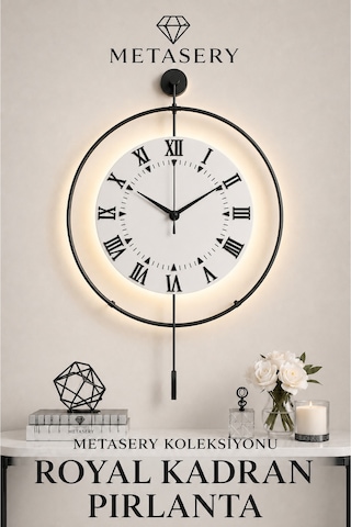 Siyah - Royal Kadran Exclusive - 3 Pil Ile Gelir Led Kristal - Modern Metal Duvar Saati