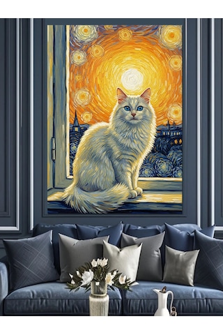 Van Gogh Stili Pencereden Bakan Beyaz Kedi Dekoratif Kanvas - Mdf Ahşap Tablo