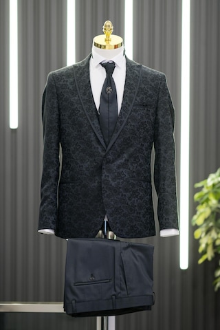 Sivri Yaka Yelekli Flarlı Çiçek Desenli Pantolon Kombinli Slimfit Smokin Takım Elbise 001