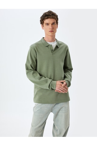 Koton Pamuklu İnterlok Kumaş Polo Yaka Sweatshirt Haki 5sam70003mk Haki