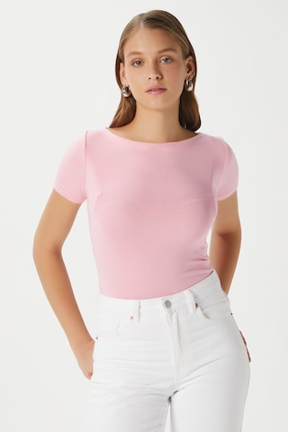 Ritnice Kadın Velvet Kayık Yaka Lux Touch Yumuşak Doku Kısa Kol Pembe Bluz