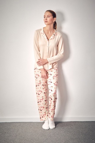 Fullamoda Köpek Desenli Gömlek Yaka 2 Li Pijama Takımı 24mıcg631216552-bej Bej