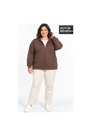 Süperlife Kadın Büyük Beden Fermuarlı Kapüşonlu Cepli Sweatshirt Hırka Rahat Kalıp Spr26bhrk961 Kahverengi